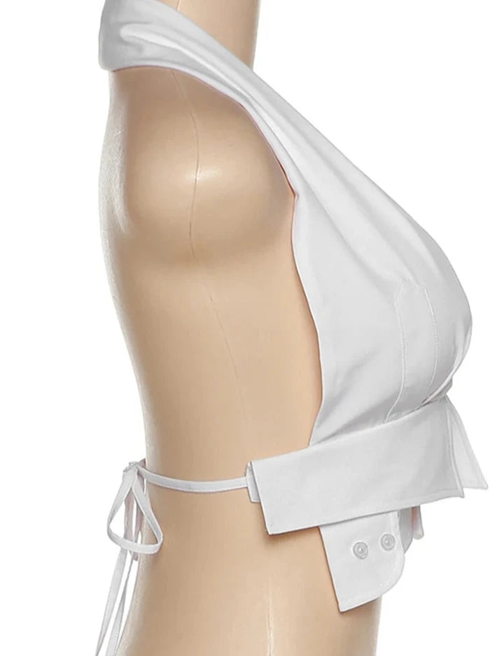 White Button Halter V-Neck