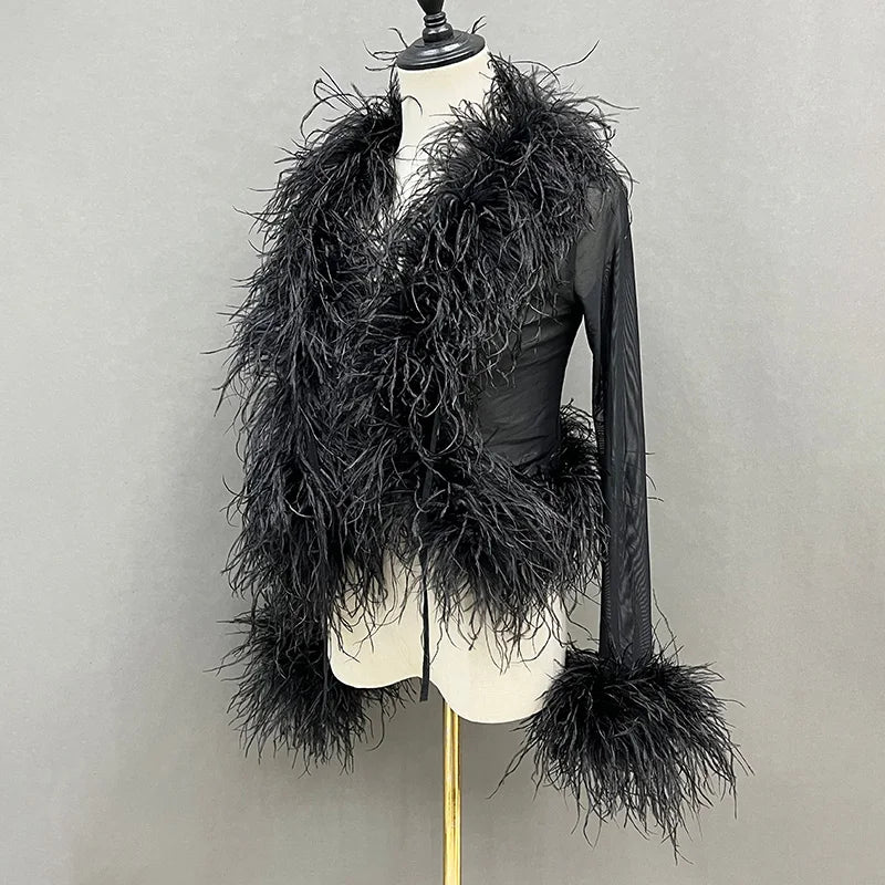 Chic Noir Feathered Cardigan